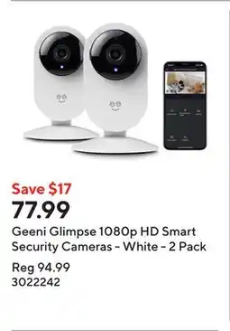 Staples Geeni Glimpse 1080p HD Smart Security Cameras - White - 2 Pack offer