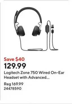 Staples Logitech Zone 750 Wired On-Ear Headset with Advanced Noise-Canceling Microphone offer