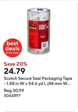 Staples Scotch Secure Seal Packaging Tape - 1.88 in W x 54.6 yd L (48 mm W x 50 m L) - 4 Roll Pack offer