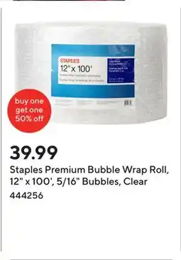 Staples Staples Premium Bubble Wrap Roll, 12 x 100', 5/16 Bubbles, Clear offer