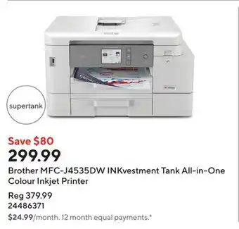 Staples Brother MFC-J4535DW INKvestment Tank All-in-One Colour Inkjet Printer offer