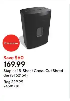 Staples Staples 15-Sheet Cross-Cut Shredder (ST62154) offer