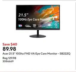 Staples Acer 21.5 100hz FHD VA Eye Care Monitor - SB222Q offer