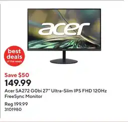 Staples Acer SA272 G0bi 27 Ultra-Slim IPS FHD 120Hz FreeSync Monitor offer