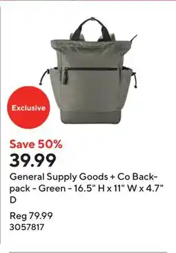 Staples General Supply Goods + Co Backpack - Green - 16.5 H x 11 W x 4.7 D offer