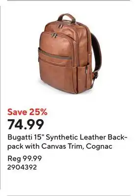 Staples Bugatti 15 Synthetic Leather Backpack with Canvas Trim, Cognac offer