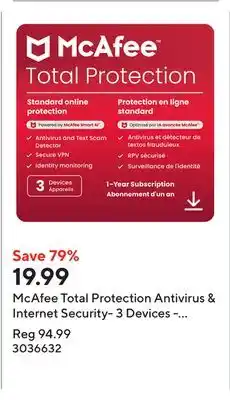 Staples McAfee Total Protection Antivirus & Internet Security- 3 Devices - 1 Year Subscription offer