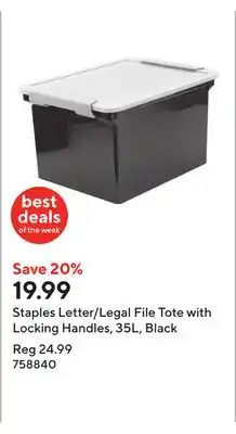 Staples Staples Letter/Legal File Tote with Locking Handles, 35L, Black offer