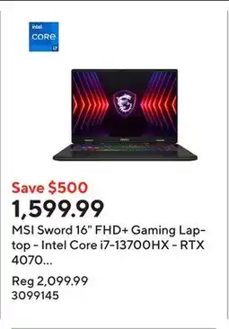 Staples MSI Sword 16 FHD+ Gaming Laptop - Intel Core i7-13700HX - RTX 4070 - 1TB SSD - 16GB DDR5 - Win 11 offer