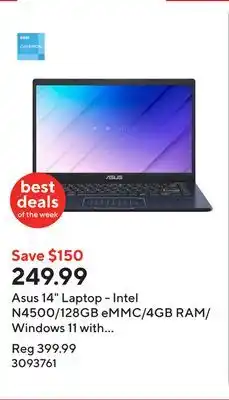 Staples Asus 14 Laptop - Intel N4500/128GB eMMC/4GB RAM/Windows 11 with 1-year of Microsoft 365 offer