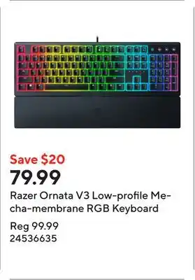 Staples Razer Ornata V3 Low-profile Mecha-membrane RGB Keyboard  offer