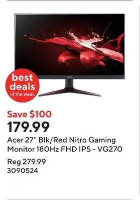 Staples Acer 27 Blk/Red Nitro Gaming Monitor 180Hz FHD IPS - VG270 offer