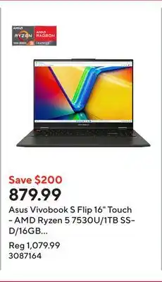 Staples Asus Vivobook S Flip 16 Touch - AMD Ryzen 5 7530U/1TB SSD/16GB RAM/Windows 11 Home offer