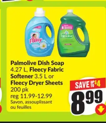 FreshCo Palmolive Dish Soap 4.27 L, Fleecy Fabric Softener 3.5 L or Fleecy Dryer Sheets 200 pk offer