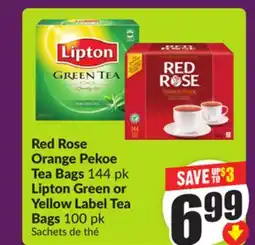 Chalo FreshCo Red Rose Orange Pekoe Tea Bags 144 pk Lipton Green or Yellow Label Tea Bags 100 pk offer