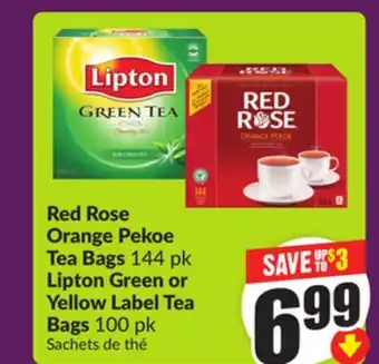 Chalo FreshCo Red Rose Orange Pekoe Tea Bags 144 pk Lipton Green or Yellow Label Tea Bags 100 pk offer