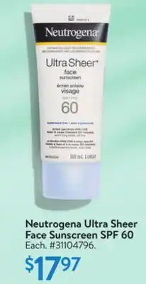 Walmart Neutrogena Ultra Sheer Face Sunscreen SPF 60 offer