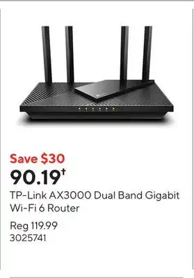 Staples TP-Link AX3000 Dual Band Gigabit Wi-Fi 6 Router offer