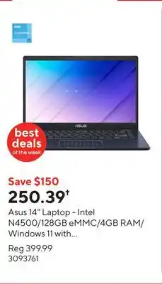 Staples Asus 14 Laptop - Intel N4500/128GB eMMC/4GB RAM/Windows 11 with 1-year of Microsoft 365 offer