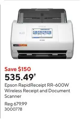 Staples Epson RapidReceipt RR-600W Wireless Receipt and Document Scanner offer