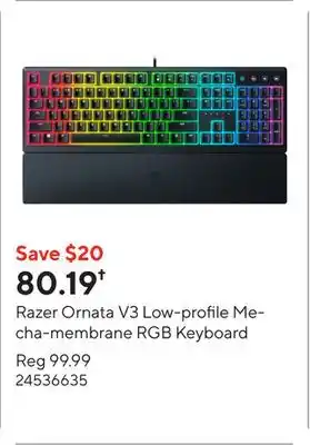 Staples Razer Ornata V3 Low-profile Mecha-membrane RGB Keyboard  offer