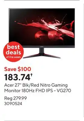 Staples Acer 27 Blk/Red Nitro Gaming Monitor 180Hz FHD IPS - VG270 offer