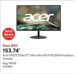 Staples Acer SA272 G0bi 27 Ultra-Slim IPS FHD 120Hz FreeSync Monitor offer