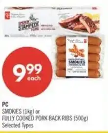 Shoppers Drug Mart PC smokies or fully cooked pork back ribs offer