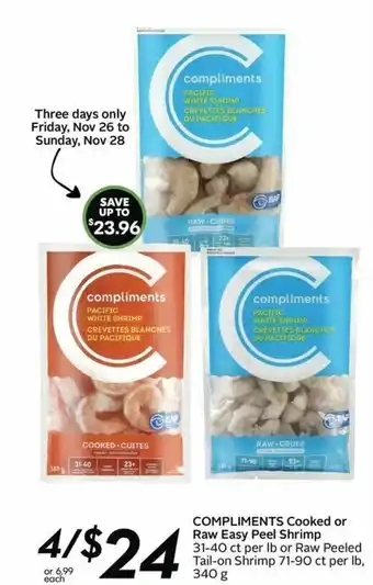 Sobeys Compliments cooked or raw easy peel shrimp offer