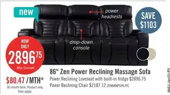 The Brick Zen 86 Faux Leather Power Reclining Massage Sofa with Power Headrests and Drop-Down Console - Black offer