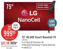 The Brick LG 75 Nanocell 4K UHD HDR10+ HGiG ThinQ 60Hz Smart TV (75NANO75UQA.ACC) offer