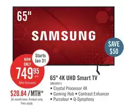 The Brick Samsung 65 4K UHD Direct Lit PurColour HDR10+ 60Hz Smart TV (UN65DU7100FXZC) offer