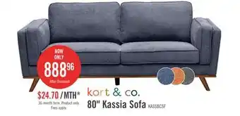 The Brick Kort & Co. Kassia 80 Linen-Look Fabric Condo Size Sofa with Wood Base and Legs - Blue offer