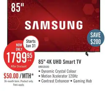 The Brick Samsung 85 4K UHD Edge Lit Dynamic Crystal Colour HDR10+ 120Hz Smart TV (UN85DU8000FXZC) offer