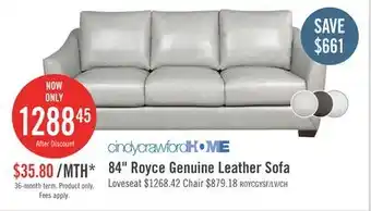 The Brick Cindy Crawford Home Royce 84 Genuine Leather Sofa with Removable Cushions and Wood Legs - Dove Grey offer