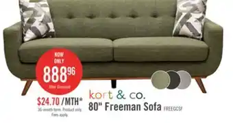 The Brick Kort & Co. Freeman 80 Linen-Look Fabric Condo Size Sofa with Wood Legs - Avocado Green offer