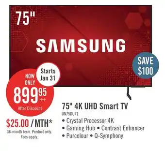 The Brick Samsung 75 4K UHD Direct Lit PurColour HDR10+ 60Hz Smart TV (UN75DU7100FXZC) offer