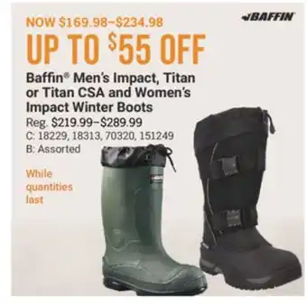 Cabela's Baffin Men's Impact, Titan or Titan CSA and Women's Impact Winter Boots offer