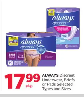 Rexall ALWAYS Discreet Underwear, Briefs or Pads offer