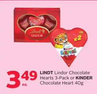 Rexall LINDT Lindor Chocolate Hearts 3-Pack or KINDER Chocolate Heart 40g offer