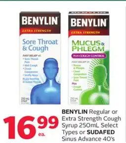 Rexall BENYLIN Regular or Extra Strength Cough Syrup 250mL Select Types or SUDAFED Sinus Advance 40' s offer