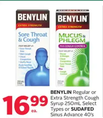 Rexall BENYLIN Regular or Extra Strength Cough Syrup 250mL Select Types or SUDAFED Sinus Advance 40' s offer