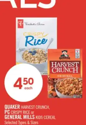 Shoppers Drug Mart QUAKER HARVEST CRUNCH, PC CRISPY RICE or GENERAL MILLS KIDS CEREAL offer