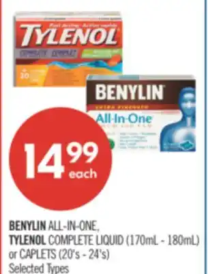 Shoppers Drug Mart BENYLIN ALL-IN-ONE, TYLENOL COMPLETE LIQUID (170mL - 180mL) or CAPLETS (20's - 24's) offer