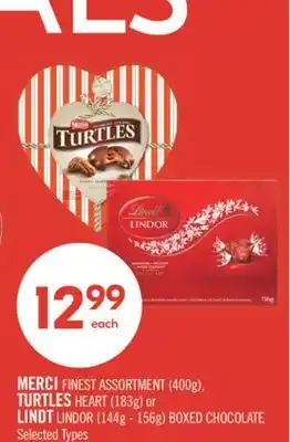 Shoppers Drug Mart MERCI FINEST ASSORTMENT (400g), TURTLES HEART (183g) or LINDT LINDOR (144g - 156g) BOXED CHOCOLATE offer