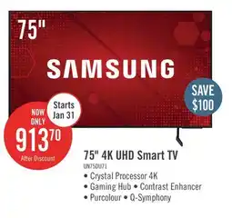 The Brick Samsung 75 4K UHD Direct Lit PurColour HDR10+ 60Hz Smart TV (UN75DU7100FXZC) offer