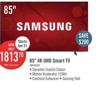 The Brick Samsung 85 4K UHD Edge Lit Dynamic Crystal Colour HDR10+ 120Hz Smart TV (UN85DU8000FXZC) offer