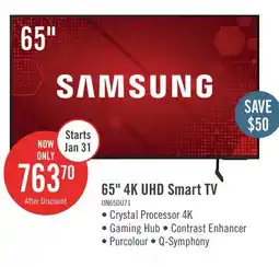 The Brick Samsung 65 4K UHD Direct Lit PurColour HDR10+ 60Hz Smart TV (UN65DU7100FXZC) offer