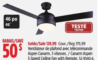 Canadian Tire Ventilateur de plafond avec télécommande Aspen Canarm, 3 vitesses offer