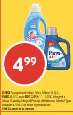 Pharmaprix FLEECY Fabric Softener (1,36 L), PUREX (1,47 L) or TIDE SIMPLY (1 L - 1,09 L) Laundry Detergent offer